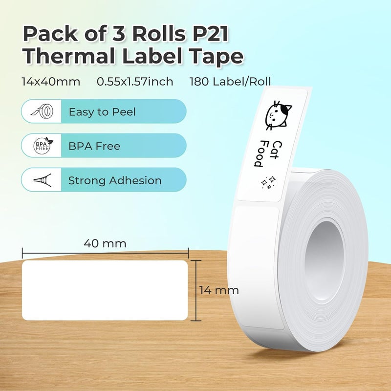 Nelko Genuine P21 Label Maker Tape, Adapted Label Print Paper, 14x40mm (0.55"x1.57"), Standard Laminated Office Labeling Tape Replacement, Multipurpose of P21, 180 Labels/Roll, 3-Roll, White - Image 2